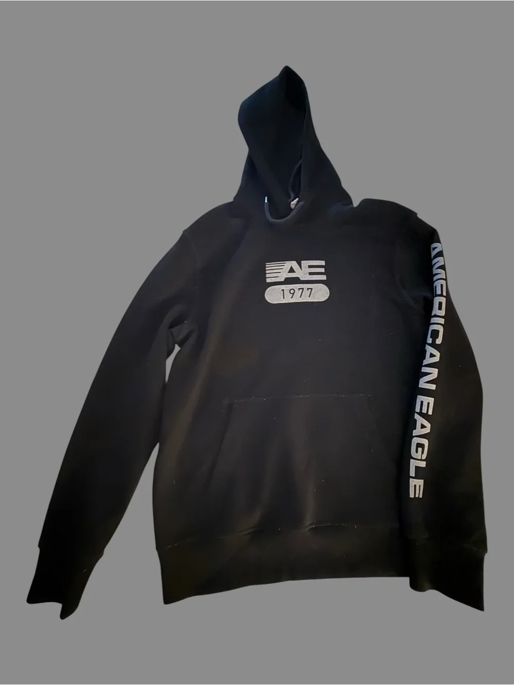 American Eagle Outfitters Black Hoodie with AE 1977 Logo and Sleeve Branding